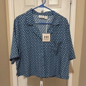 Haute Hippie Blue and White Button Down Crop Top